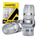 LED brake light bulb set with AUXITO retail box, chrome housing and clear lens