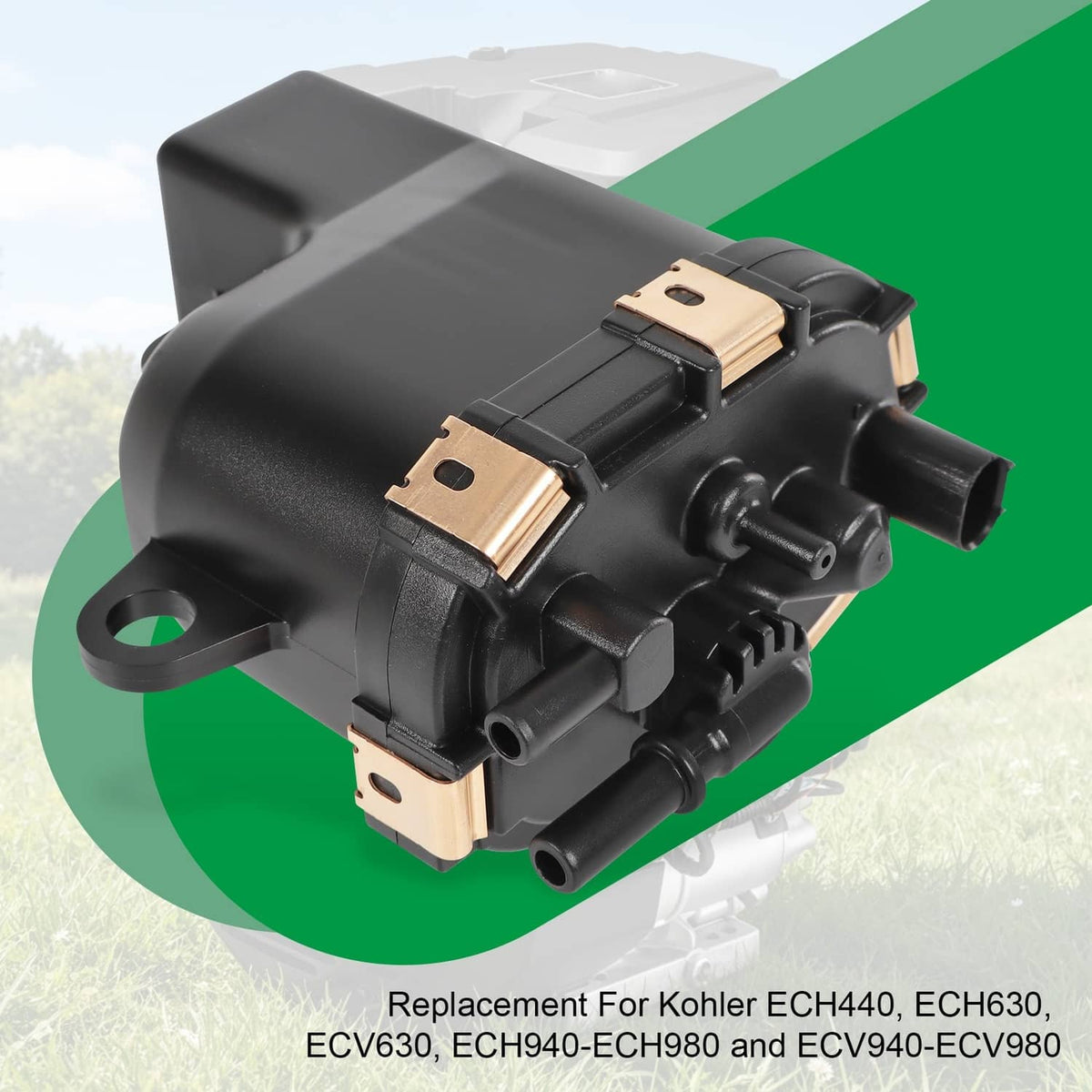 Black fuel pump module with two copper contact terminals and fuel outlet ports