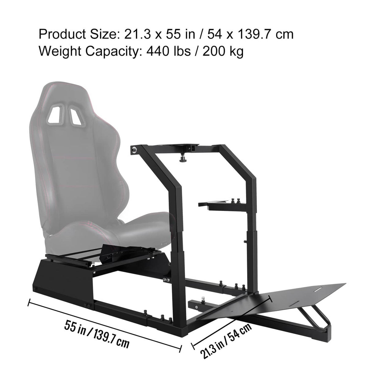 Racing simulator steering wheel stand with seat and pedal platforms, shown with size guides