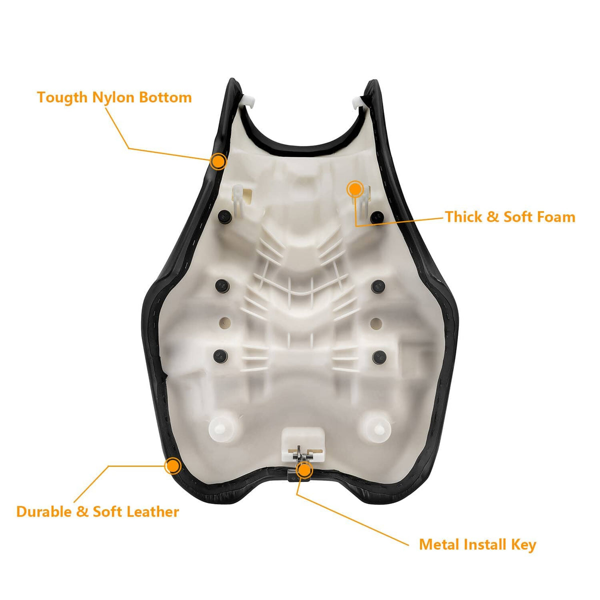 White underside panel with black trim for ATV seat, with foam and leather layers shown