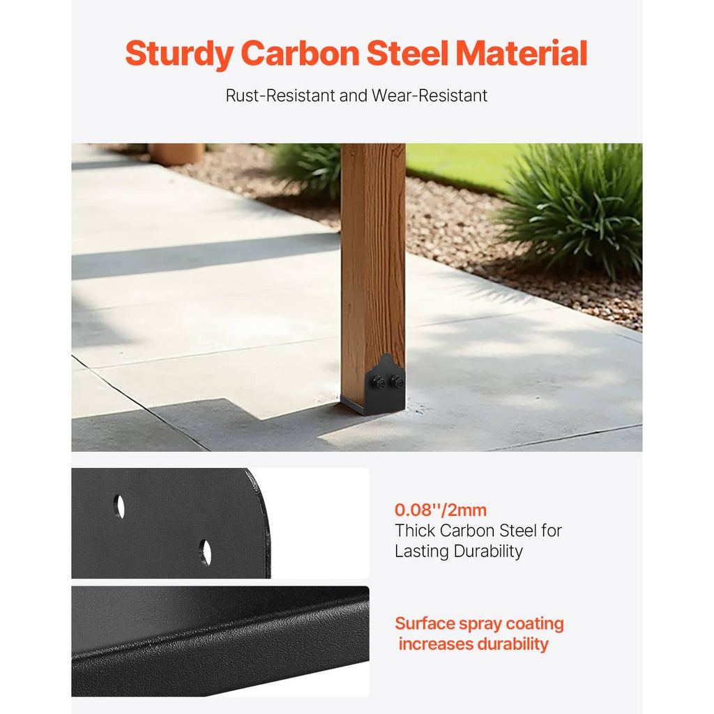 Black steel post anchor bracket with mounting screws, rust-resistant coating for wood posts