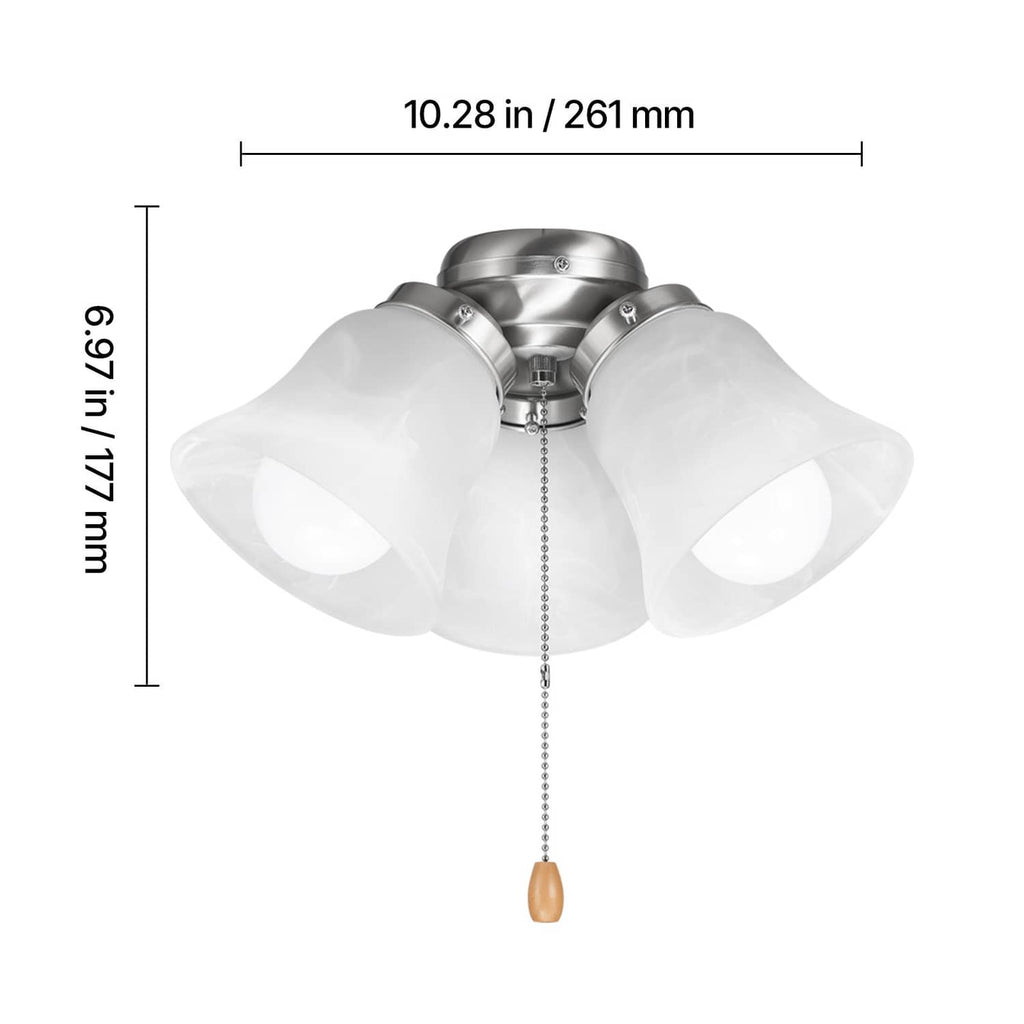Ceiling fan light kit close-up with 3 white glass shades and pull chain