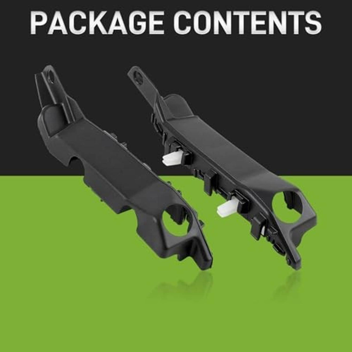 Two black front bumper brackets shown as package contents, with mounting holes