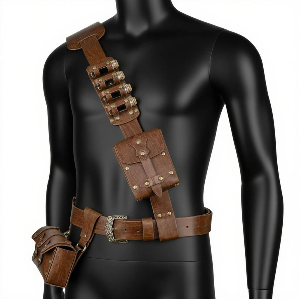 Brown leather medieval baldric tactical belt with shoulder ammo holder and waist belt
