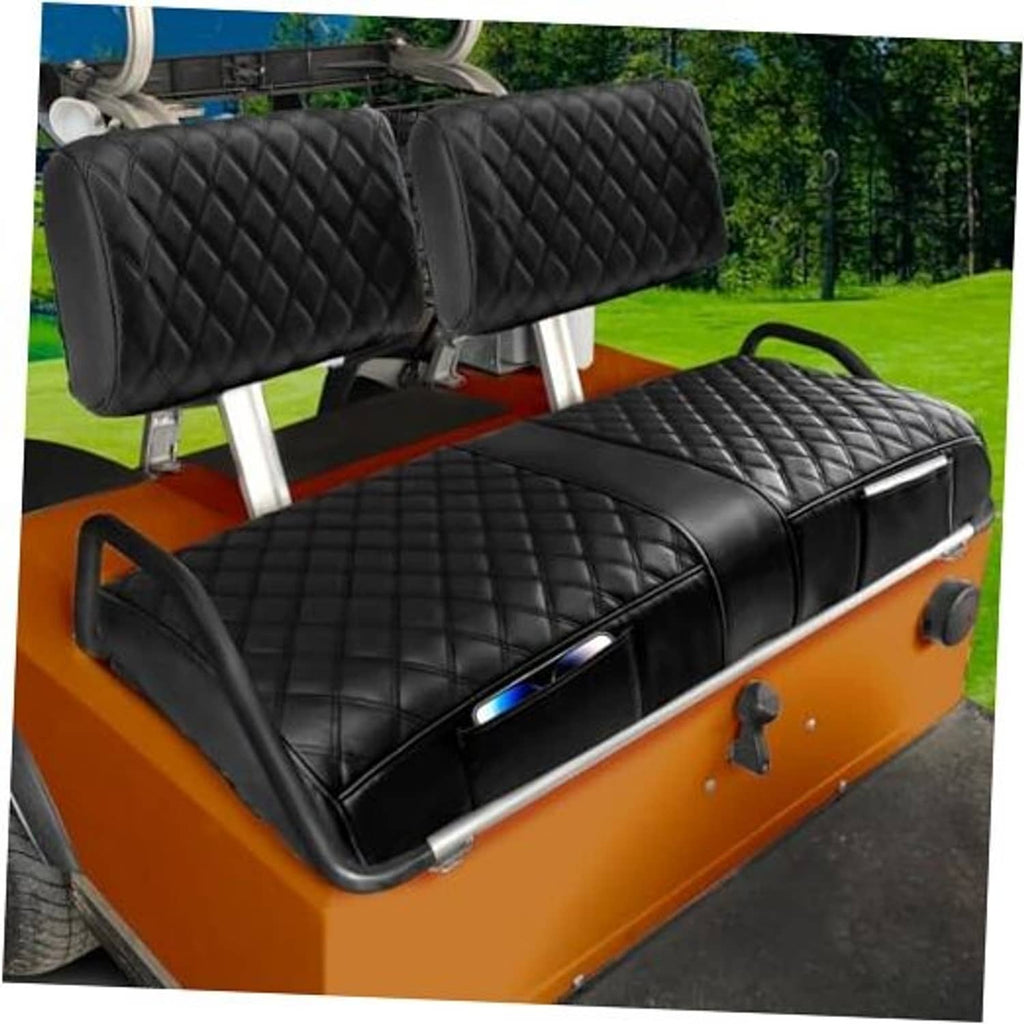 Black quilted golf cart seat cover set with diamond stitching on bench and backrest