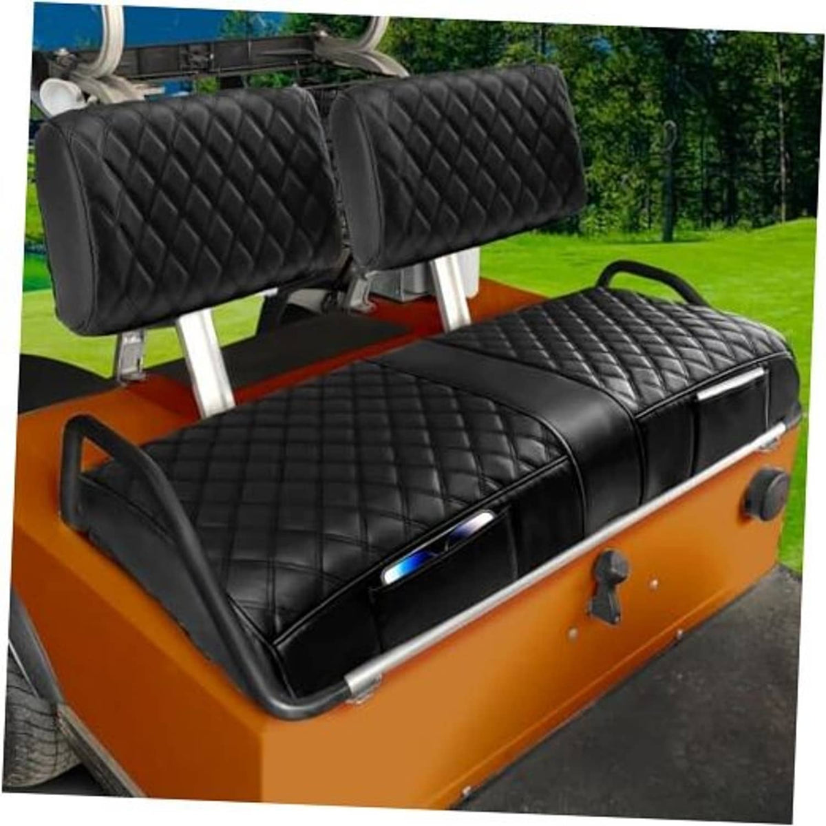 Black quilted golf cart seat cover set with diamond stitching on bench and backrest