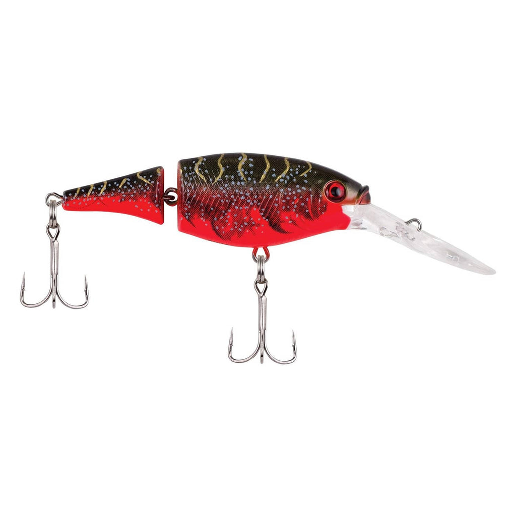 Jointed crankbait lure, red and black speckled with clear lip, treble hooks