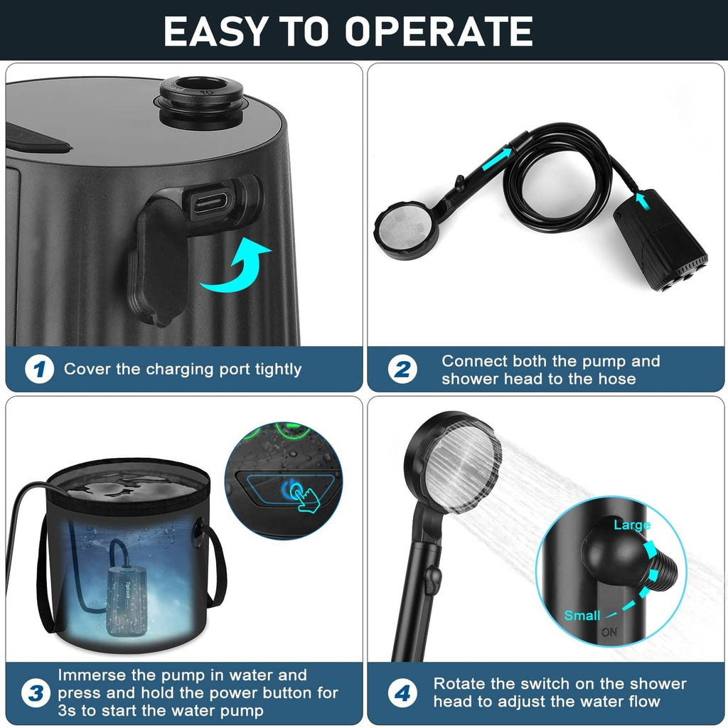 Camping shower pump unit with charging port cover and connected hose system