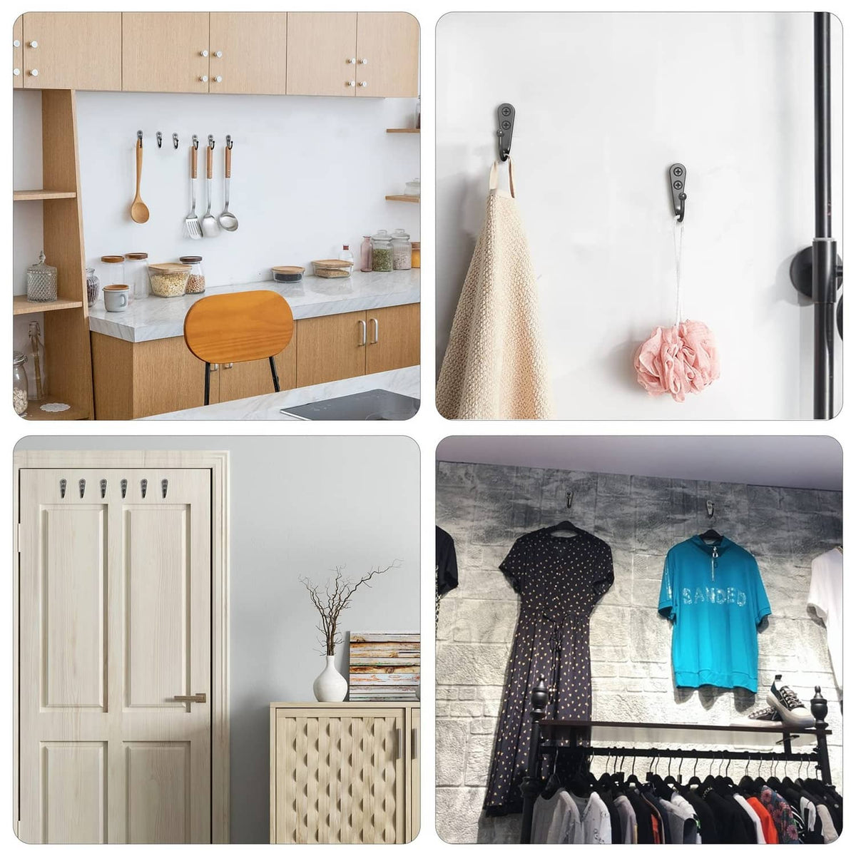 Wall-mounted coat hooks on a bar, with multiple hooks for hanging items