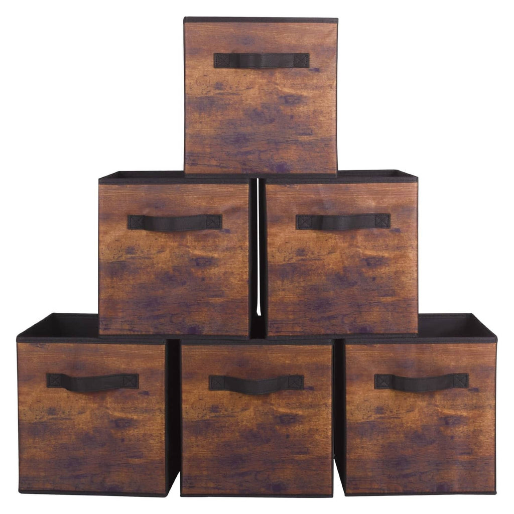 Foldable fabric storage bins, retro wood-pattern set of 6 with pull handles