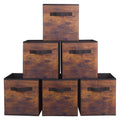 Foldable fabric storage bins, retro wood-pattern set of 6 with pull handles