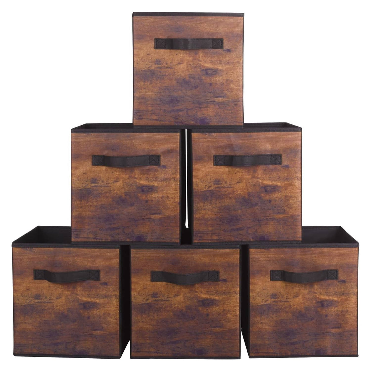 Foldable fabric storage bins, retro wood-pattern set of 6 with pull handles