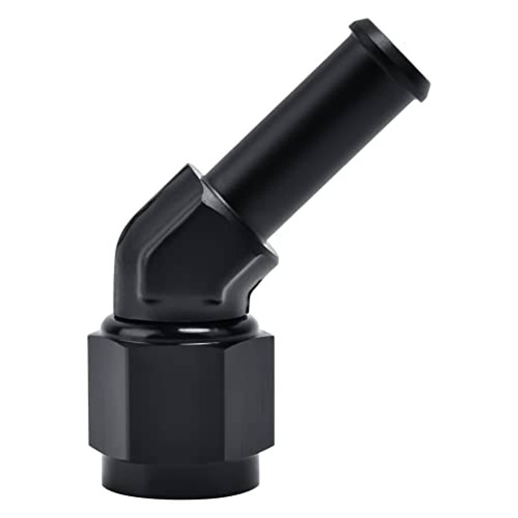 45-degree swivel AN-to-barb hose fitting, black finish, female-to-3/8 in barb hose end.
