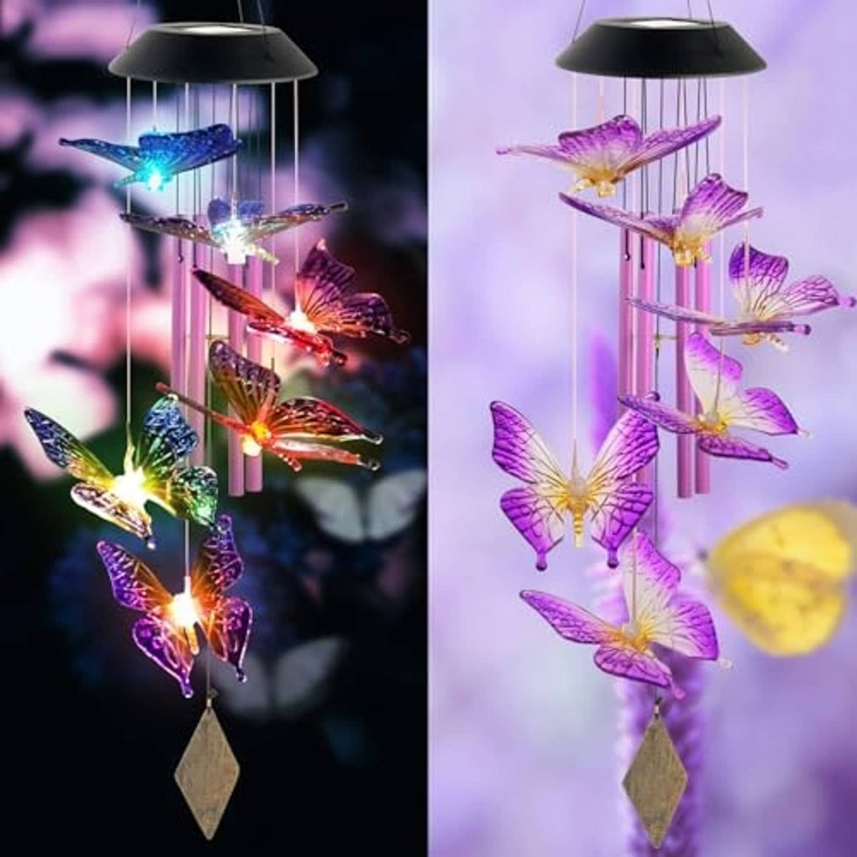 Butterfly solar wind chimes with multicolor glowing butterflies and pink support rods