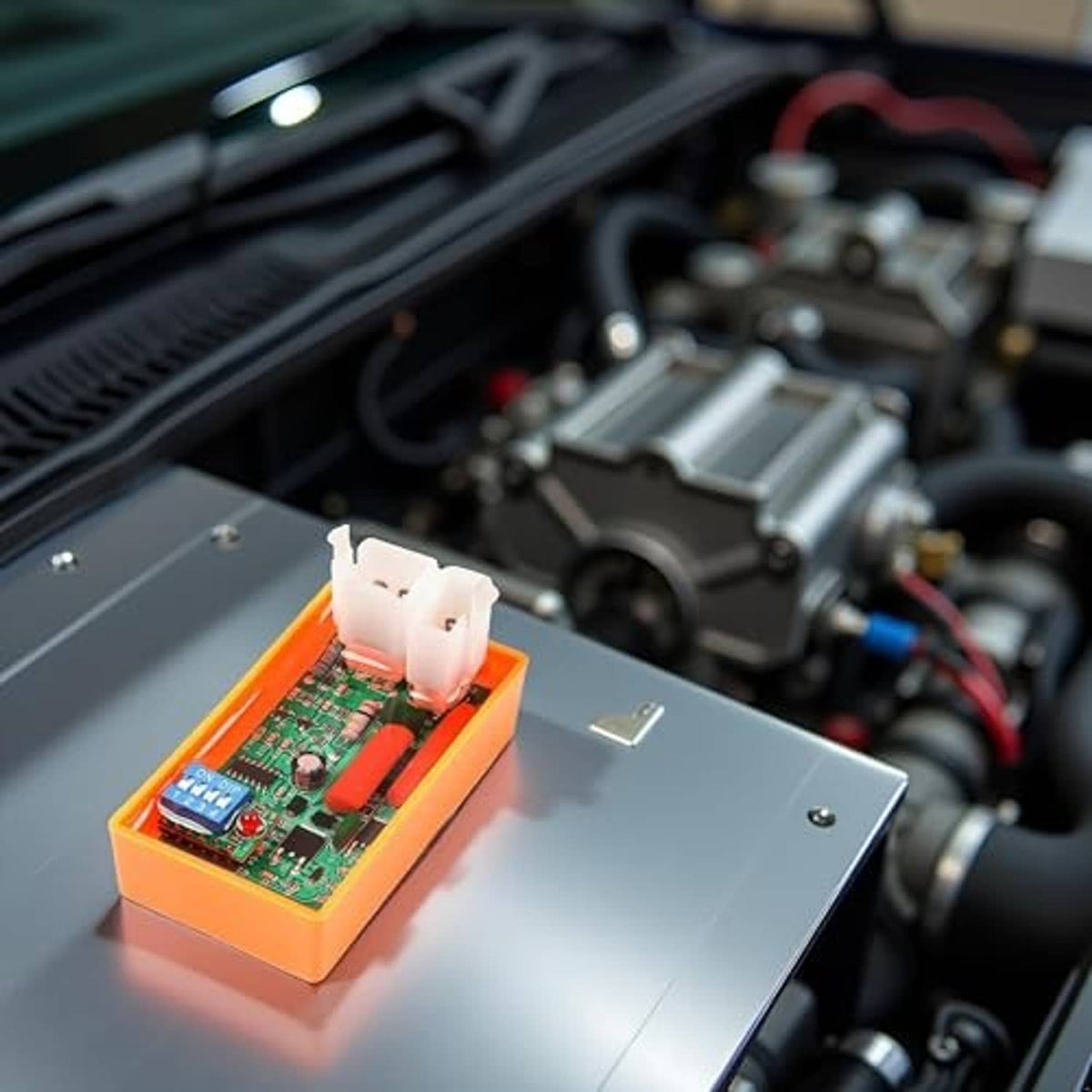 5-pin AC CDI ignition box mounted on motorcycle engine with orange orange PCB housing
