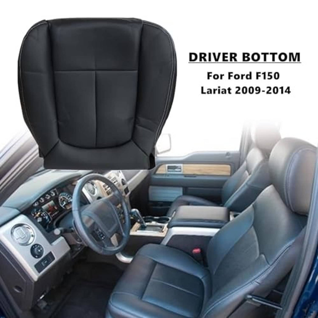 Black leather driver seat cover installed on front vehicle seat, stitched panels
