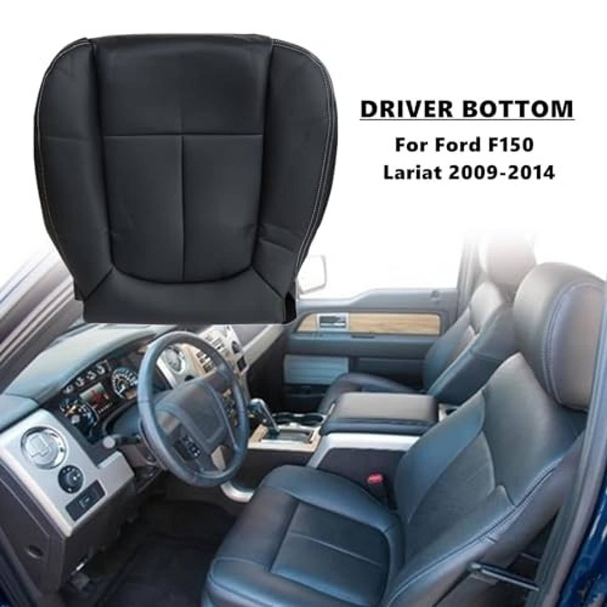 Black leather driver seat cover installed on front vehicle seat, stitched panels