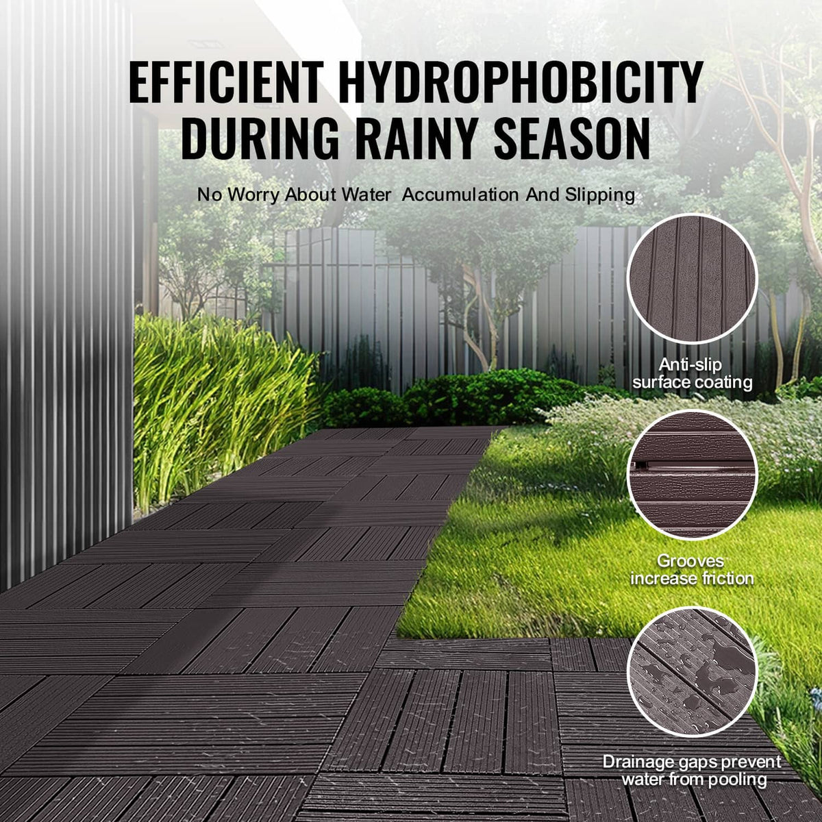 Dark brown waterproof deck tiles showing anti-slip grooves and drainage gaps