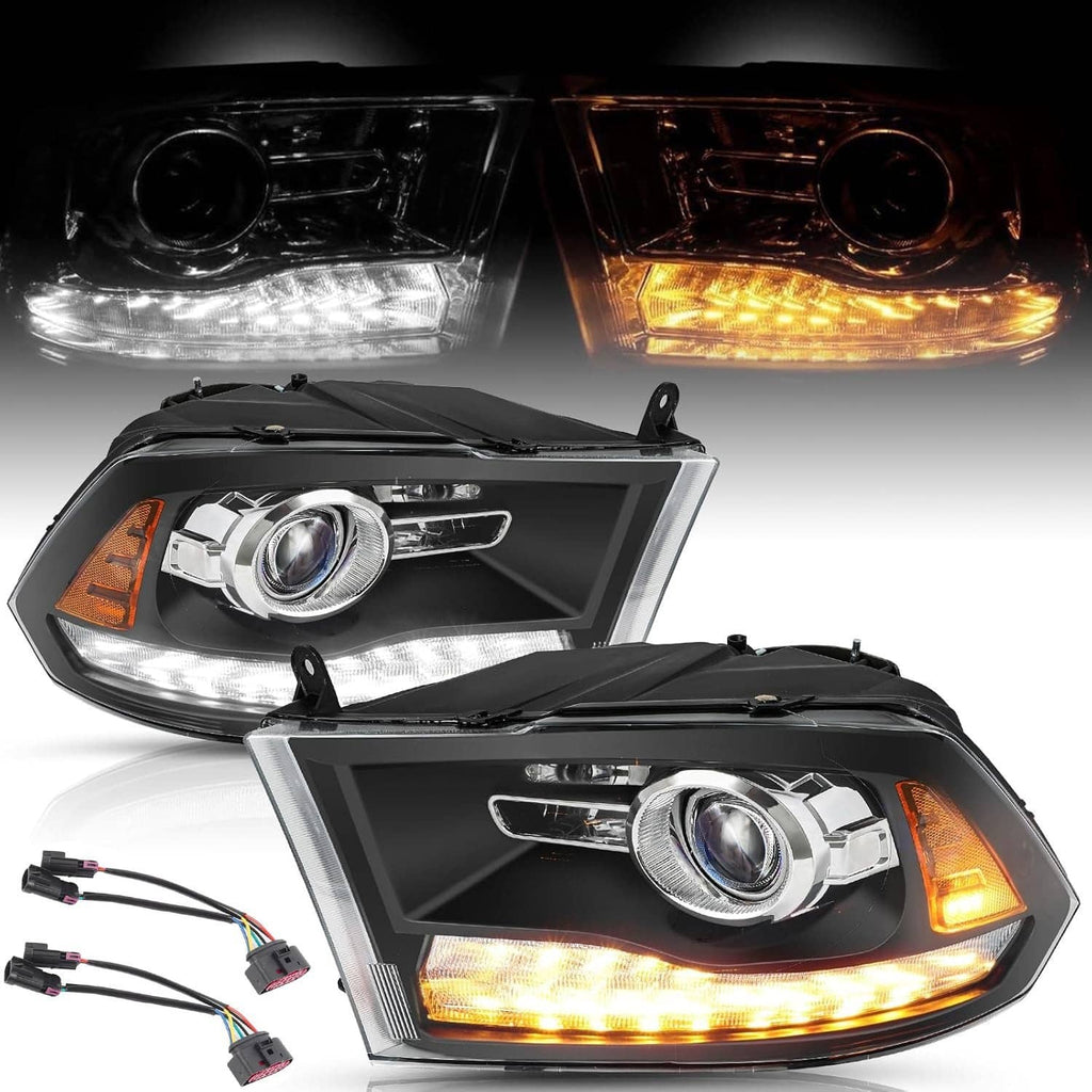 Pair of black projector headlights with illuminated LED DRL and amber turn signals