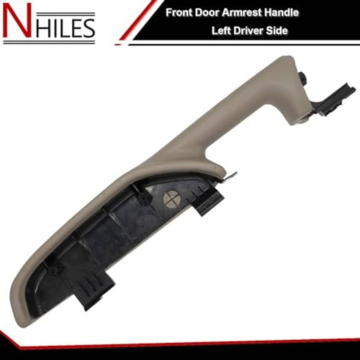 Beige front door armrest handle showing black internal track and end tab