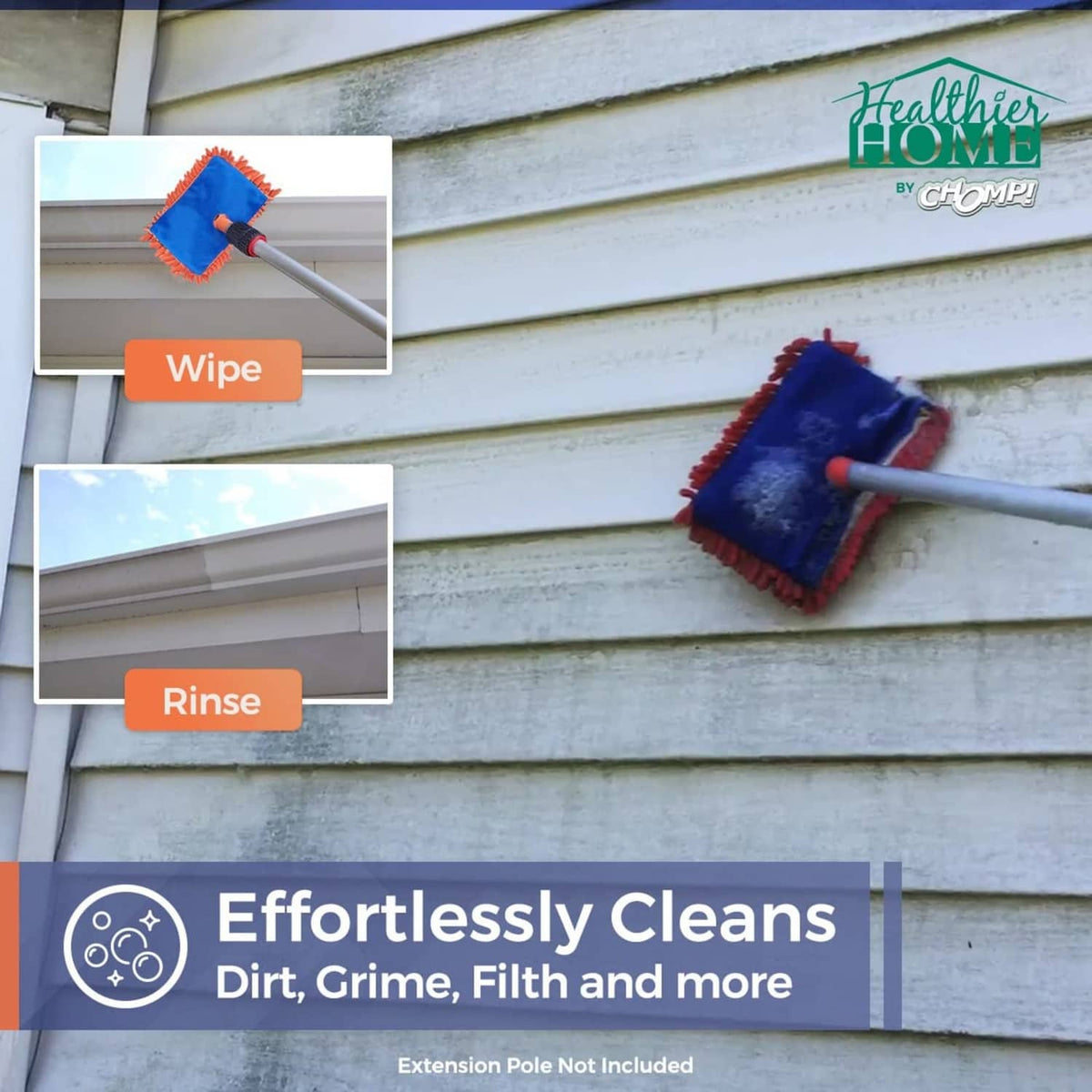 Extension pole cleaning tool scrubbing home siding to wipe and rinse away grime