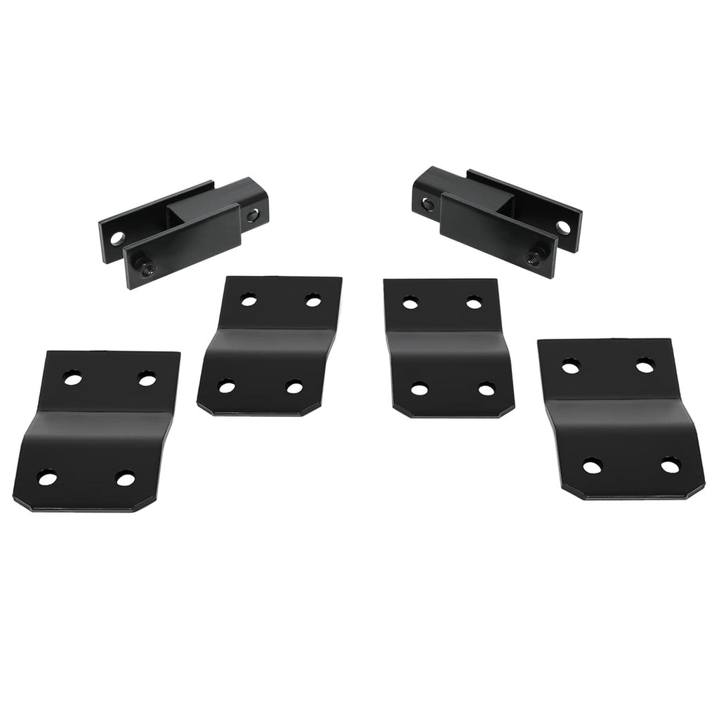 Black steel lift blocks and cross braces with four-bolt mounting holes