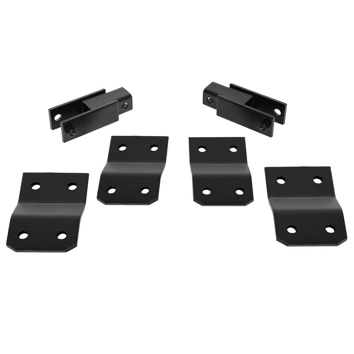 Black steel lift blocks and cross braces with four-bolt mounting holes