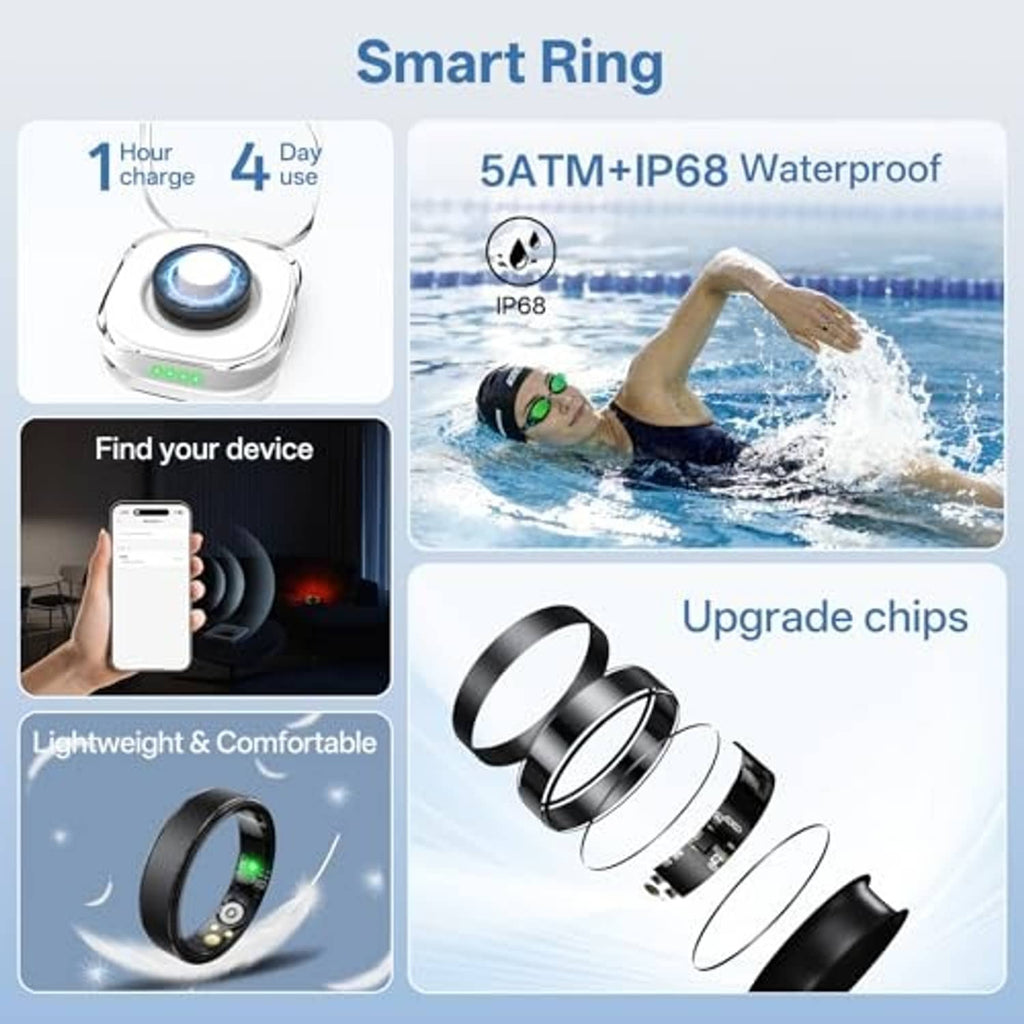 Black smart ring with green LED display, plus charging case and smartphone health screen