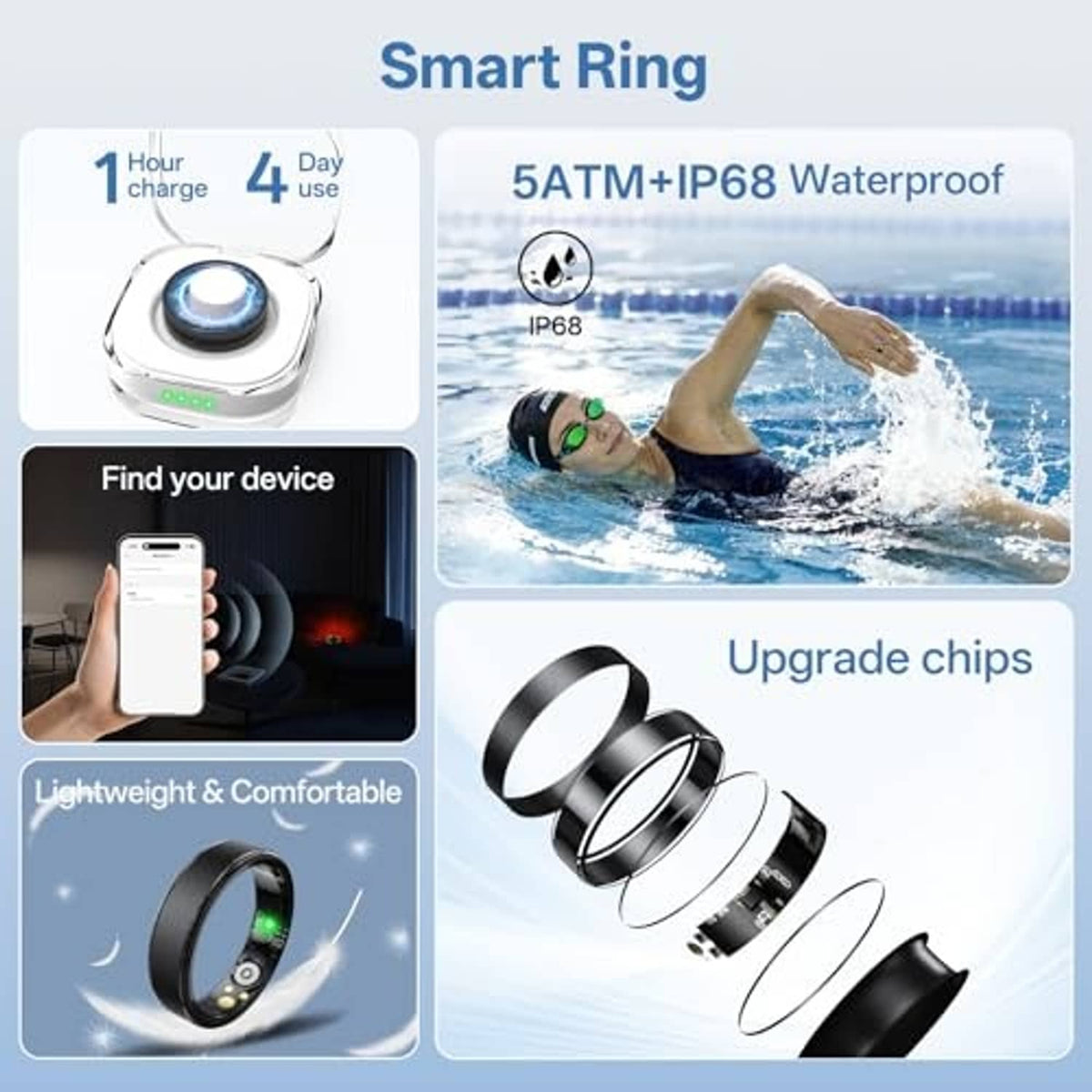 Black smart ring with green LED display, plus charging case and smartphone health screen