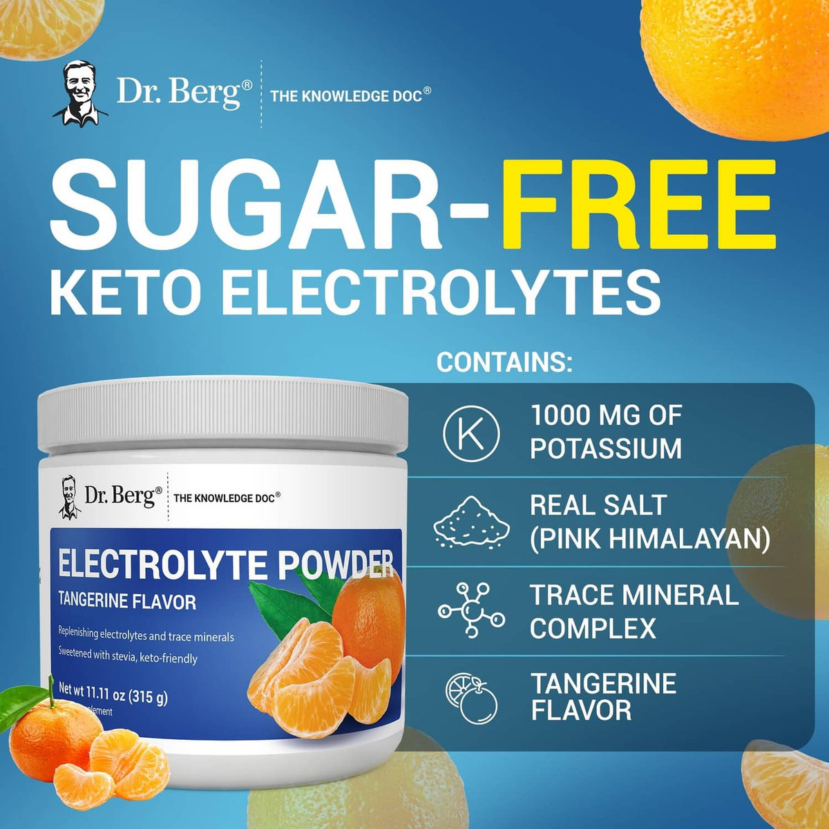 Dr. Berg sugar-free keto electrolytes jar, tangerine flavor, front label on white tub