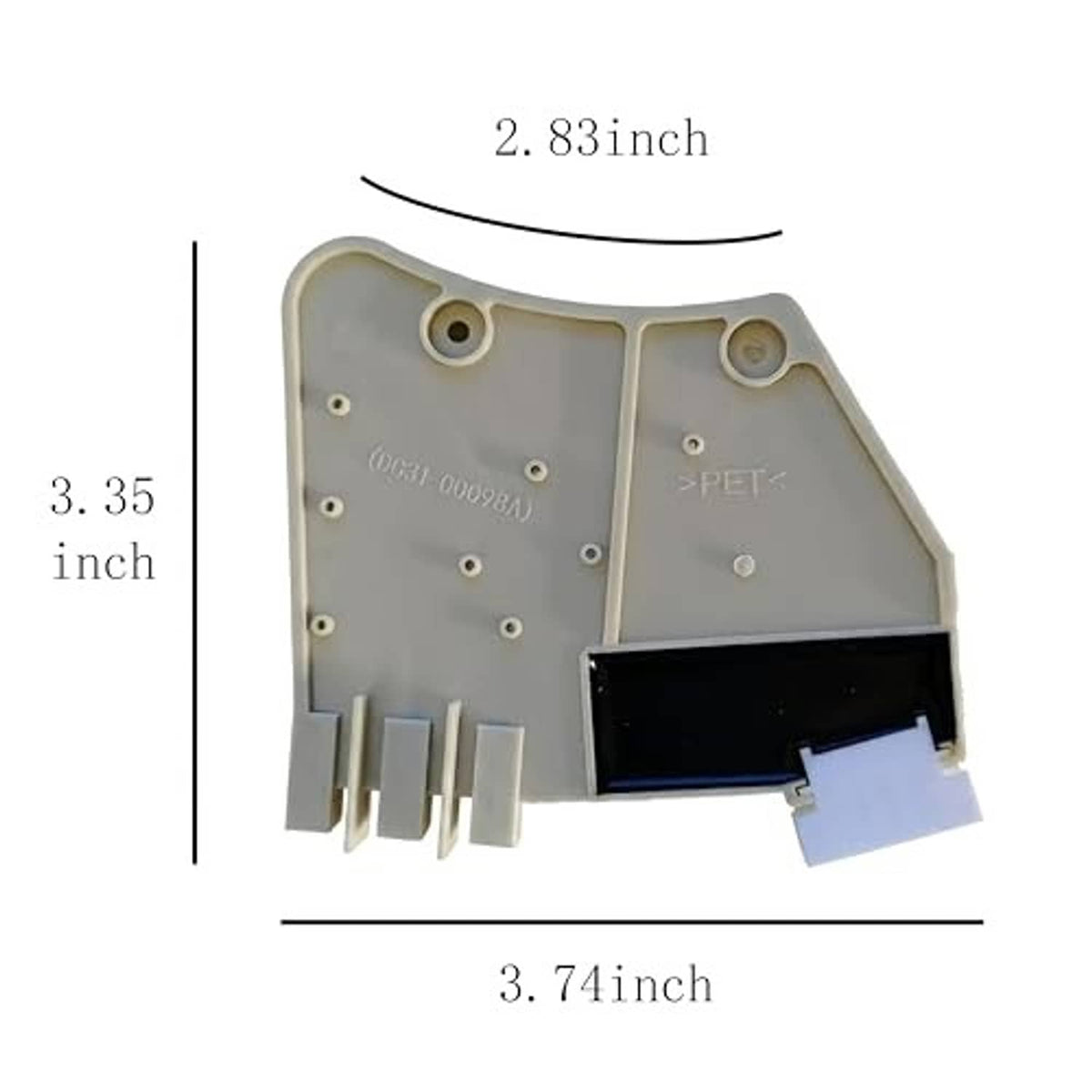 Washer rotor position sensor with dimensions marked; light gray plastic housing and connector pins