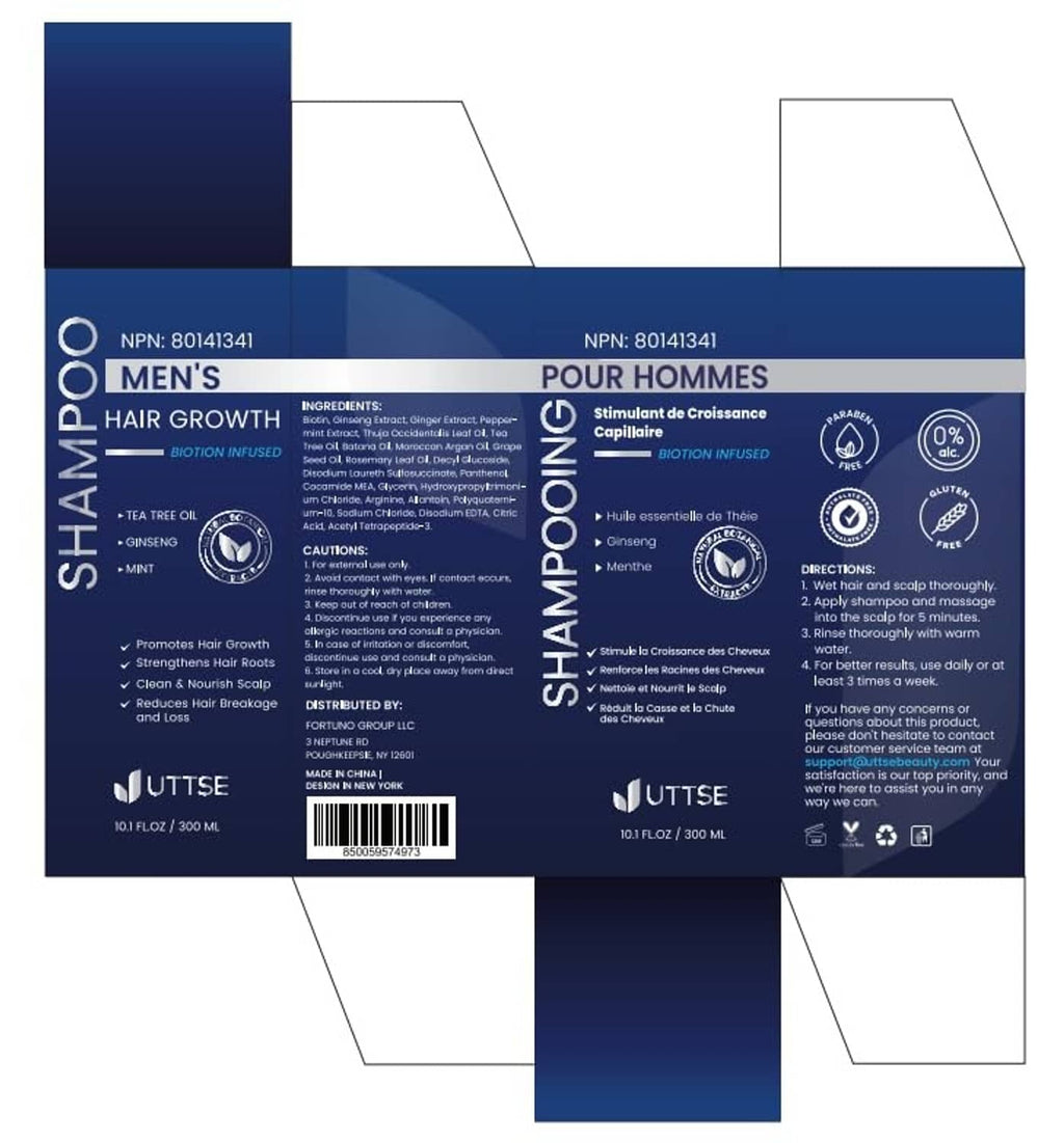 Men's hair growth shampoo box and panel showing label, directions, and cautions