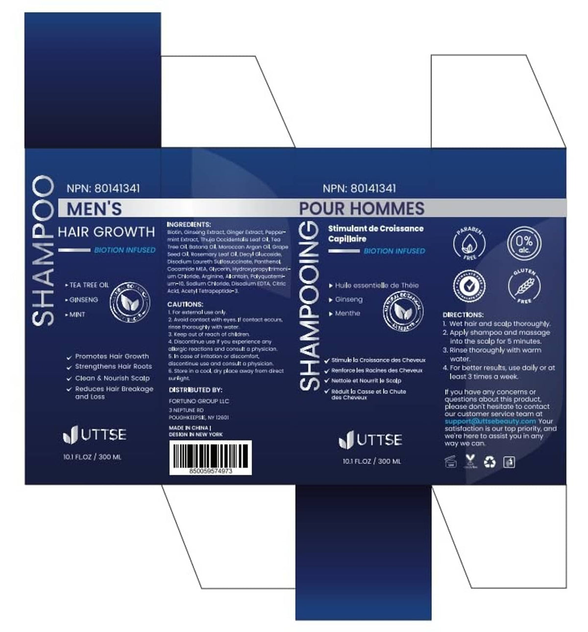 Men's hair growth shampoo box and panel showing label, directions, and cautions