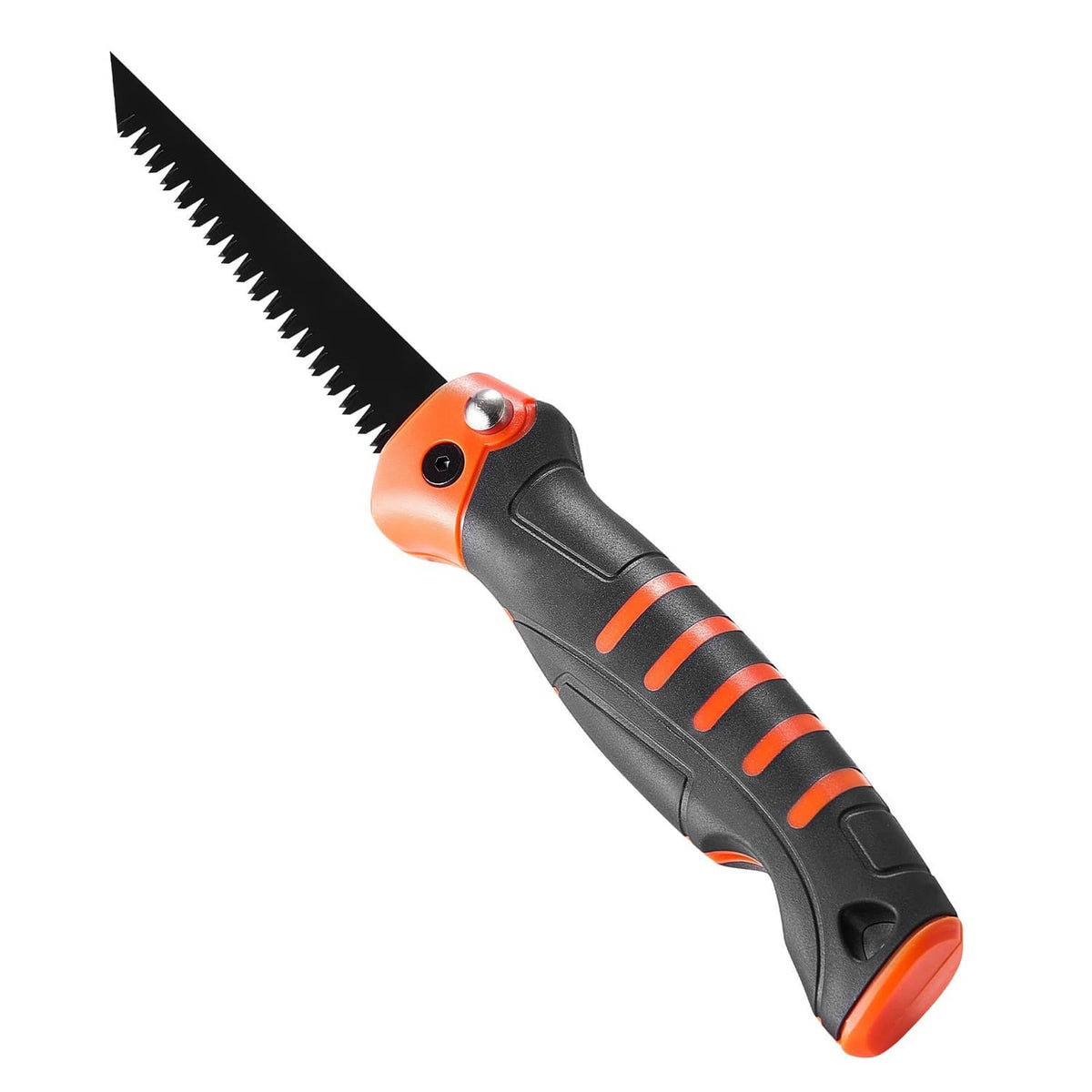 Folding hand saw with orange pivot head and black handle, serrated blade