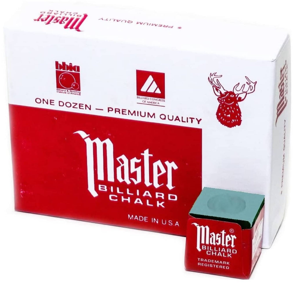 Master billiard chalk box with 12 green chalk cubes, premium quality packaging