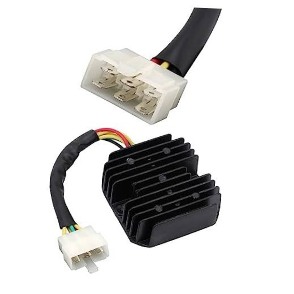 6-pin voltage regulator rectifier with black finned heatsink and wiring harness