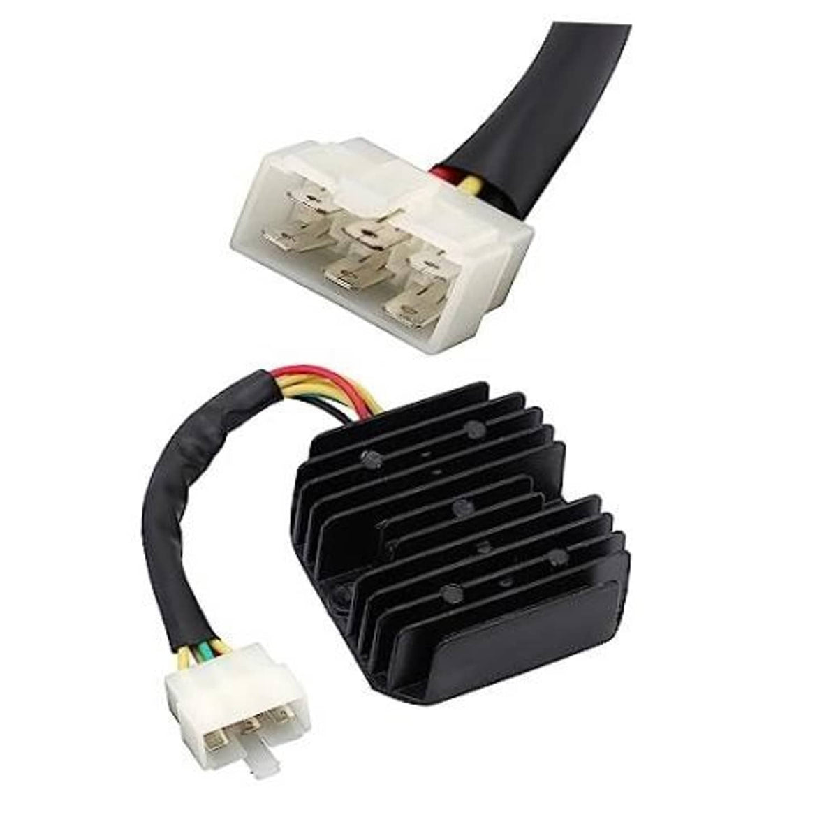 6-pin voltage regulator rectifier with black finned heatsink and wiring harness