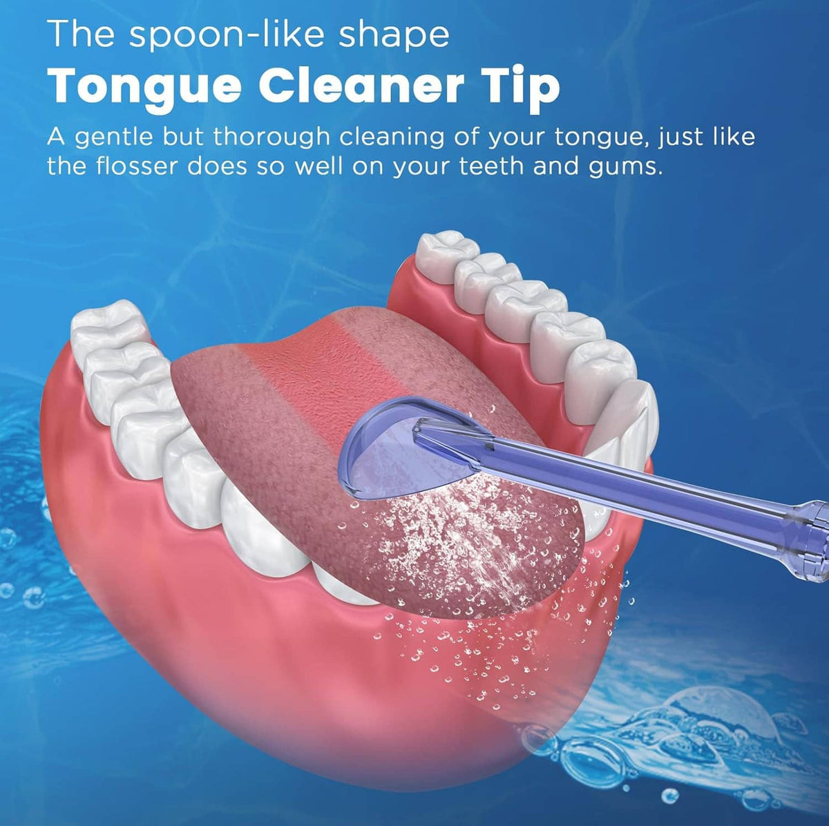 Tongue cleaner replacement tip with spoon-like nozzle shown over mouth