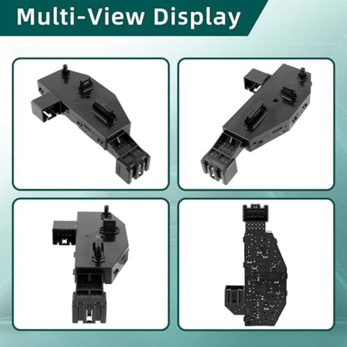Black power seat control switch module shown from multiple angles with mounting tabs