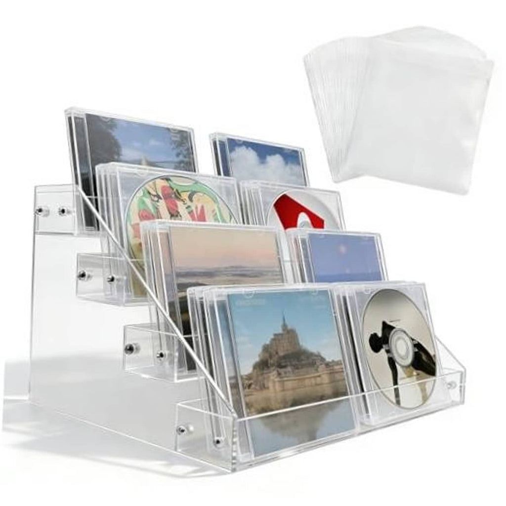 Clear acrylic 4-tier cascading CD/DVD holder with multiple CD cases displayed