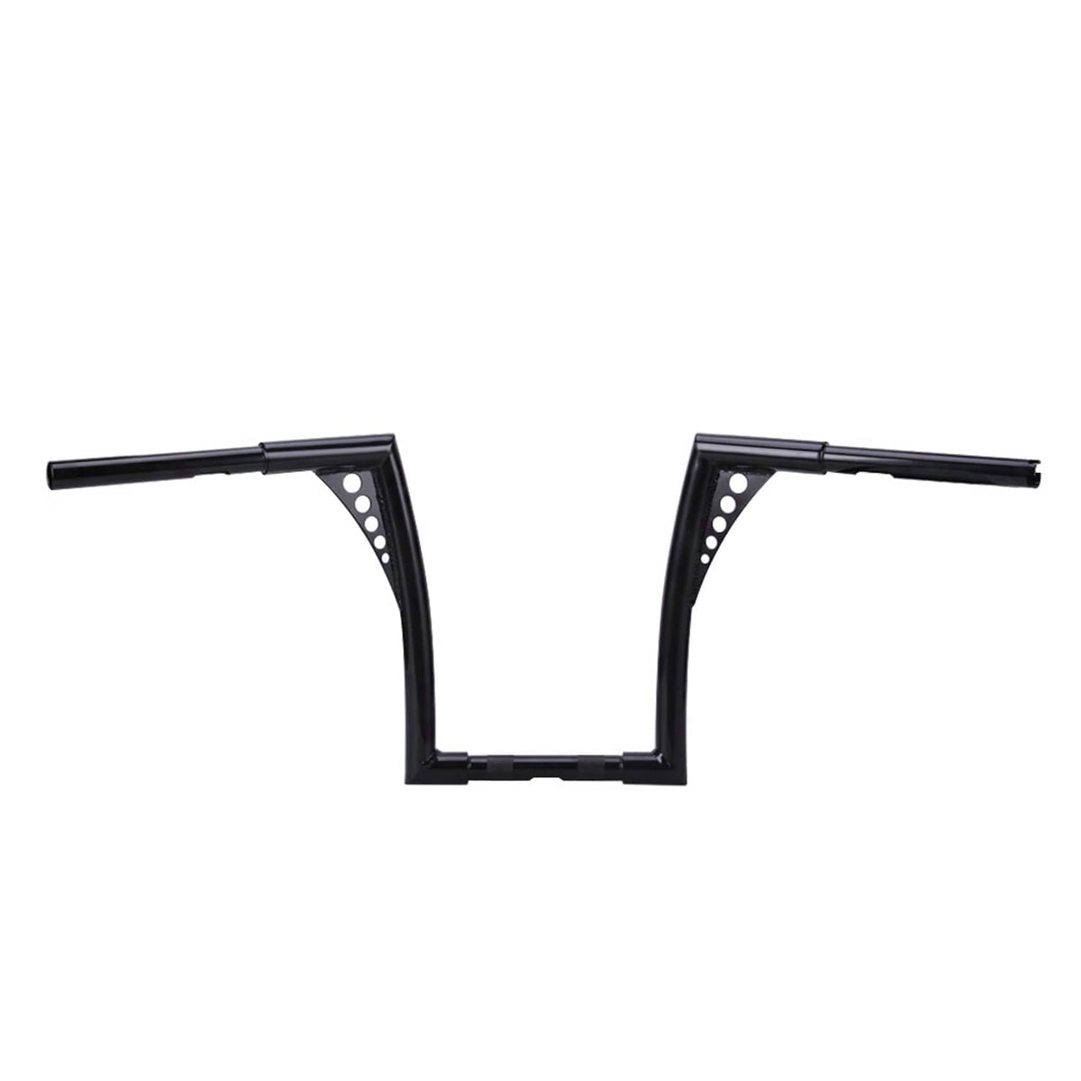Black handlebar ape hanger bar with perforated riser plates and angled center section