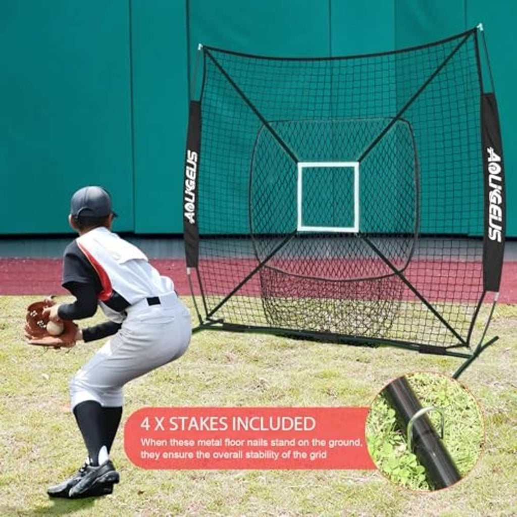 Baseball practice net with strike zone target, black frame and stabilizing stakes