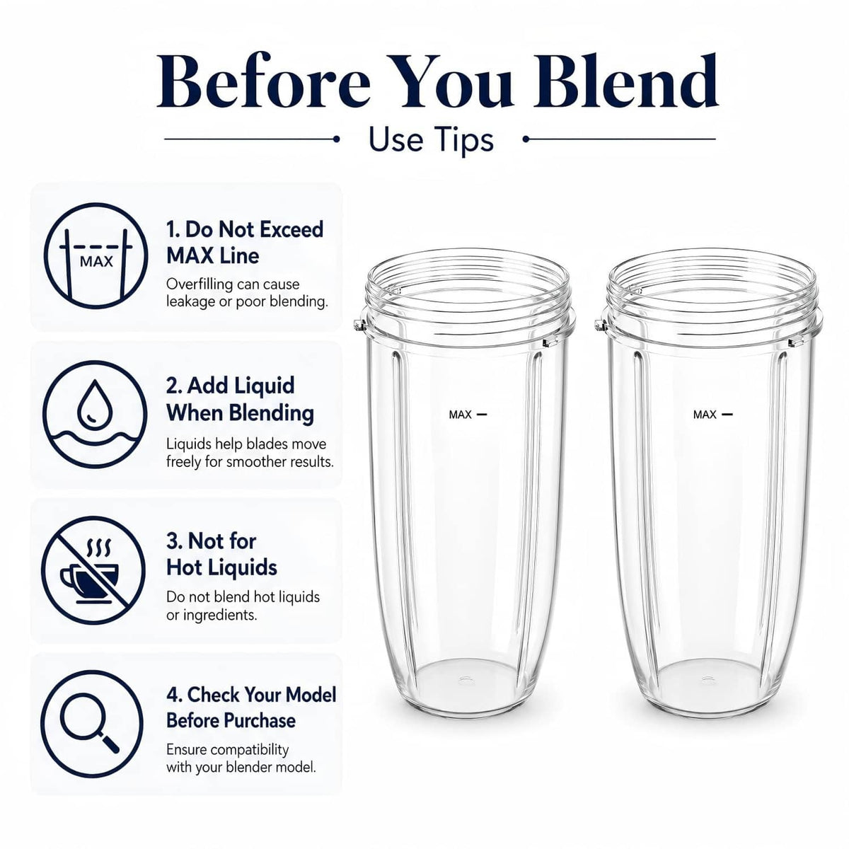 Clear blender replacement cups with MAX line markings and threaded rim