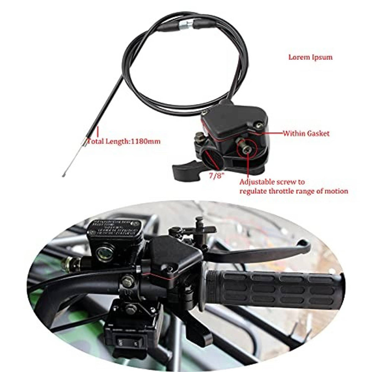 Thumb throttle lever with black cable assembly and metal end fittings