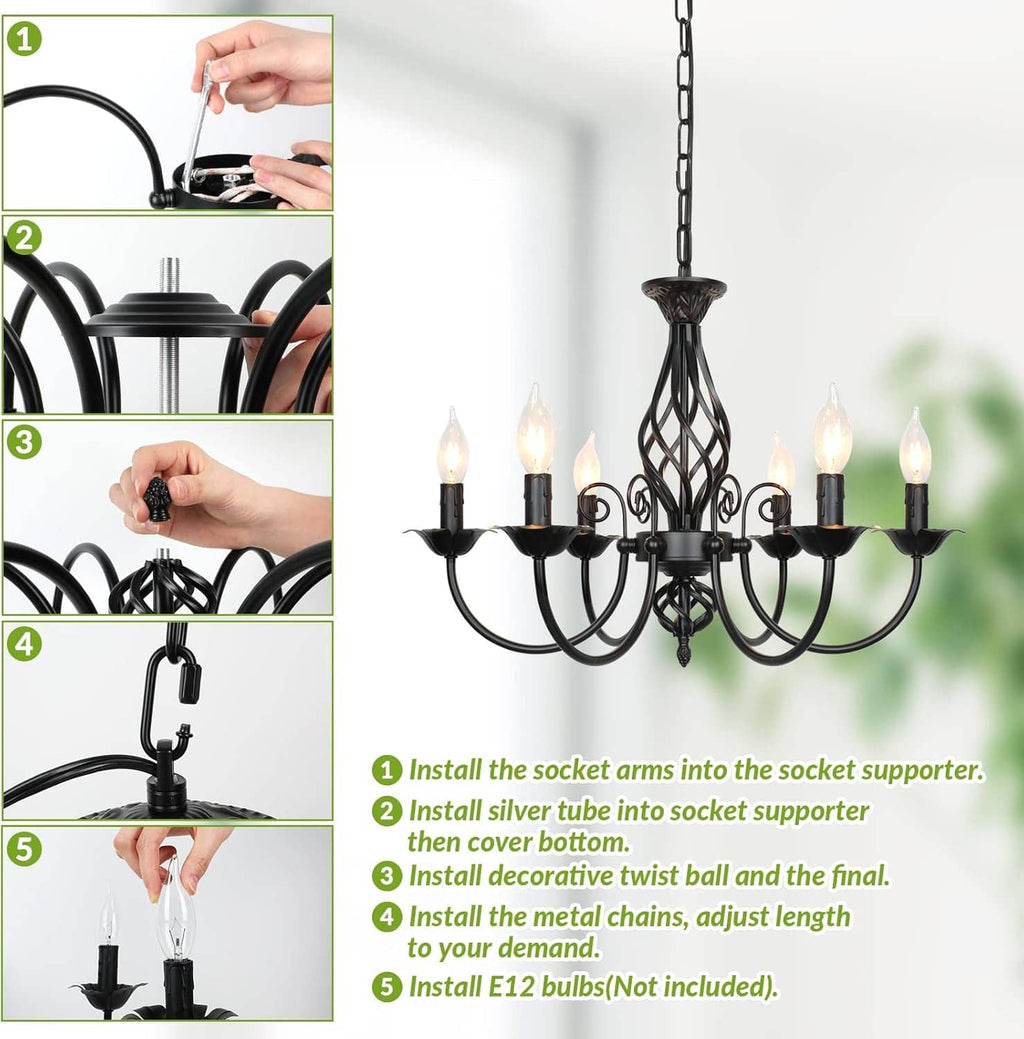 Black 6-light chandelier close-up with adjustable chain and socket arms for E12 bulbs