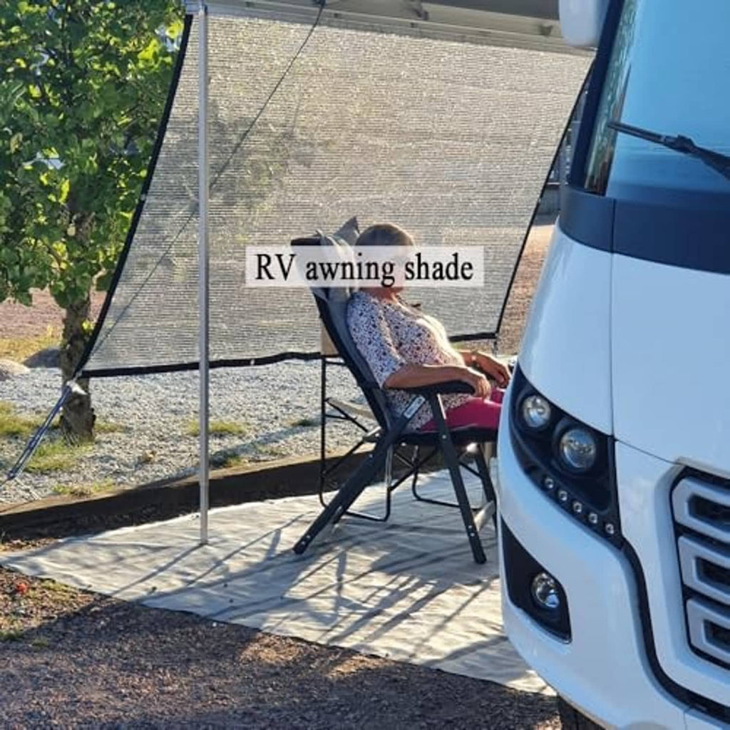 RV awning shade using reflective silver aluminet cloth supported by poles