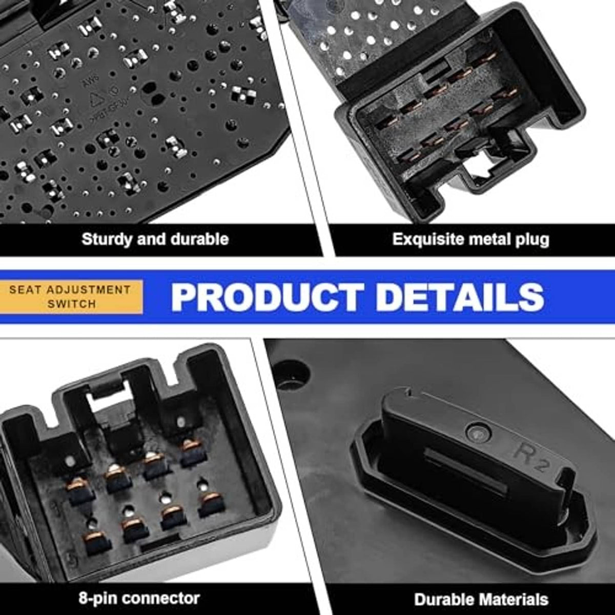 Power seat adjustment switch with exposed connector pins and durable housing