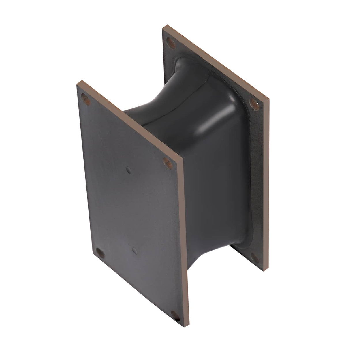 Rubber shock mount isolator, gray steel plates surrounding black rubber core with bolts
