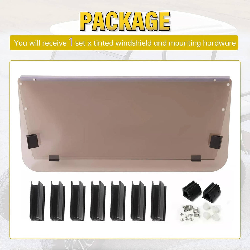 Tinted folding windscreen package contents with hardware and multiple mounting parts