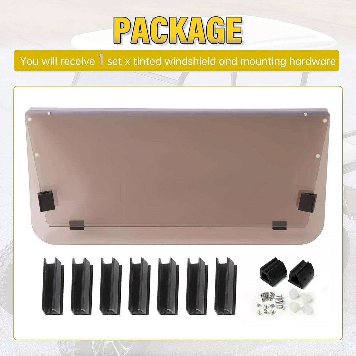 Tinted folding windscreen package contents with hardware and multiple mounting parts